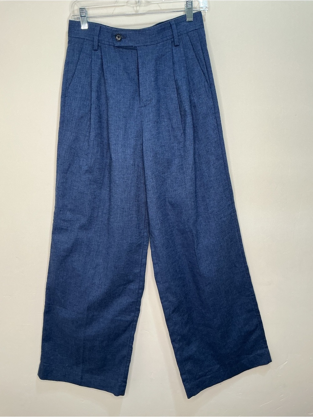 Linen Blend Wide Leg Pants  4 Blue High Rise Pleated Trousers